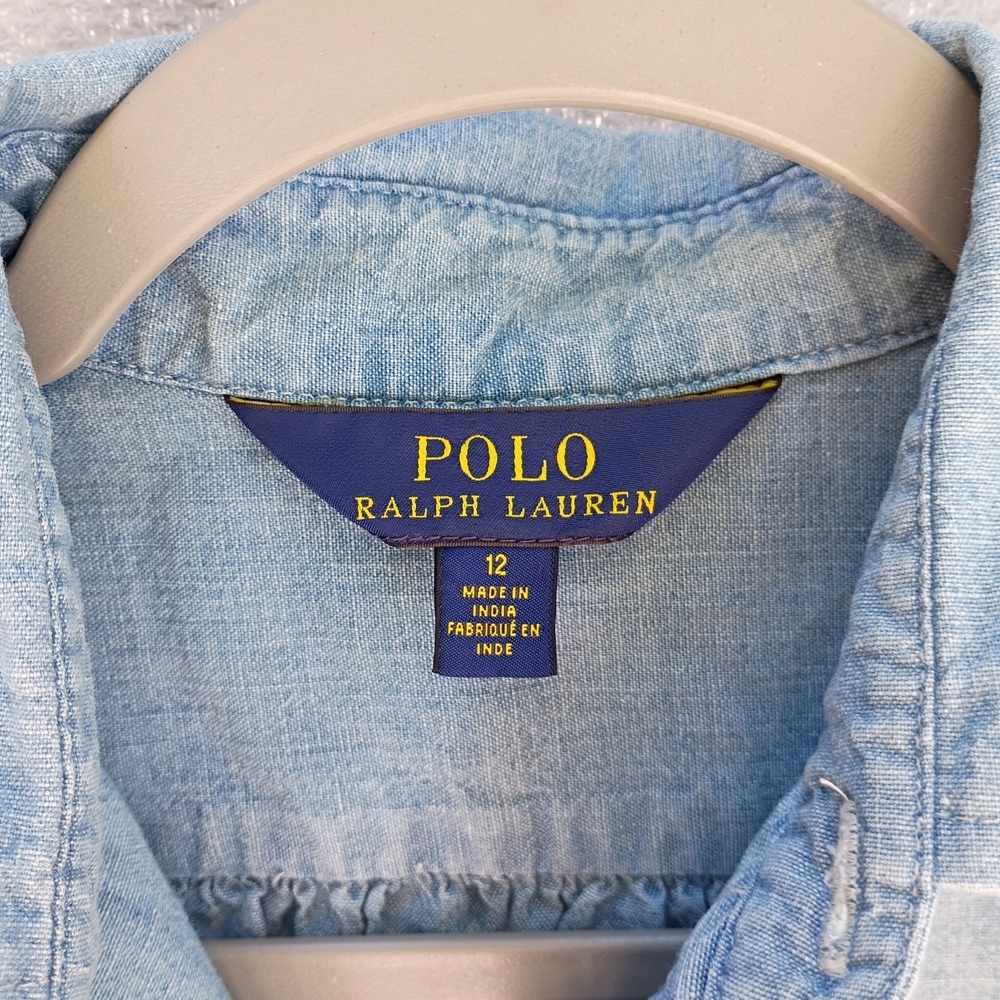 Polo Ralph Lauren Girls Denim Sleeveless Shirt Size 12 Light Wash Preppy Pony